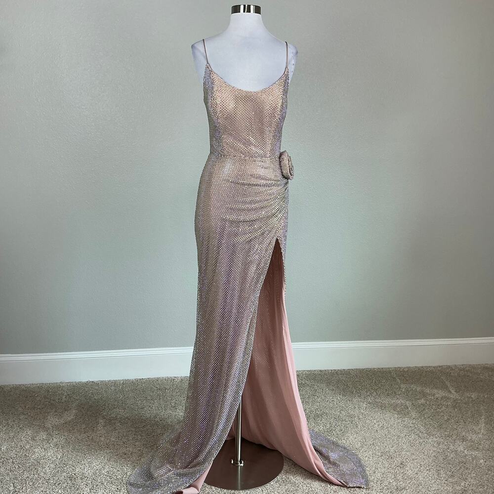 Jovani D5063 Pink Beaded Backless Column Evening Gown Thigh Slit Size 6 Dress - Picture 2 of 11